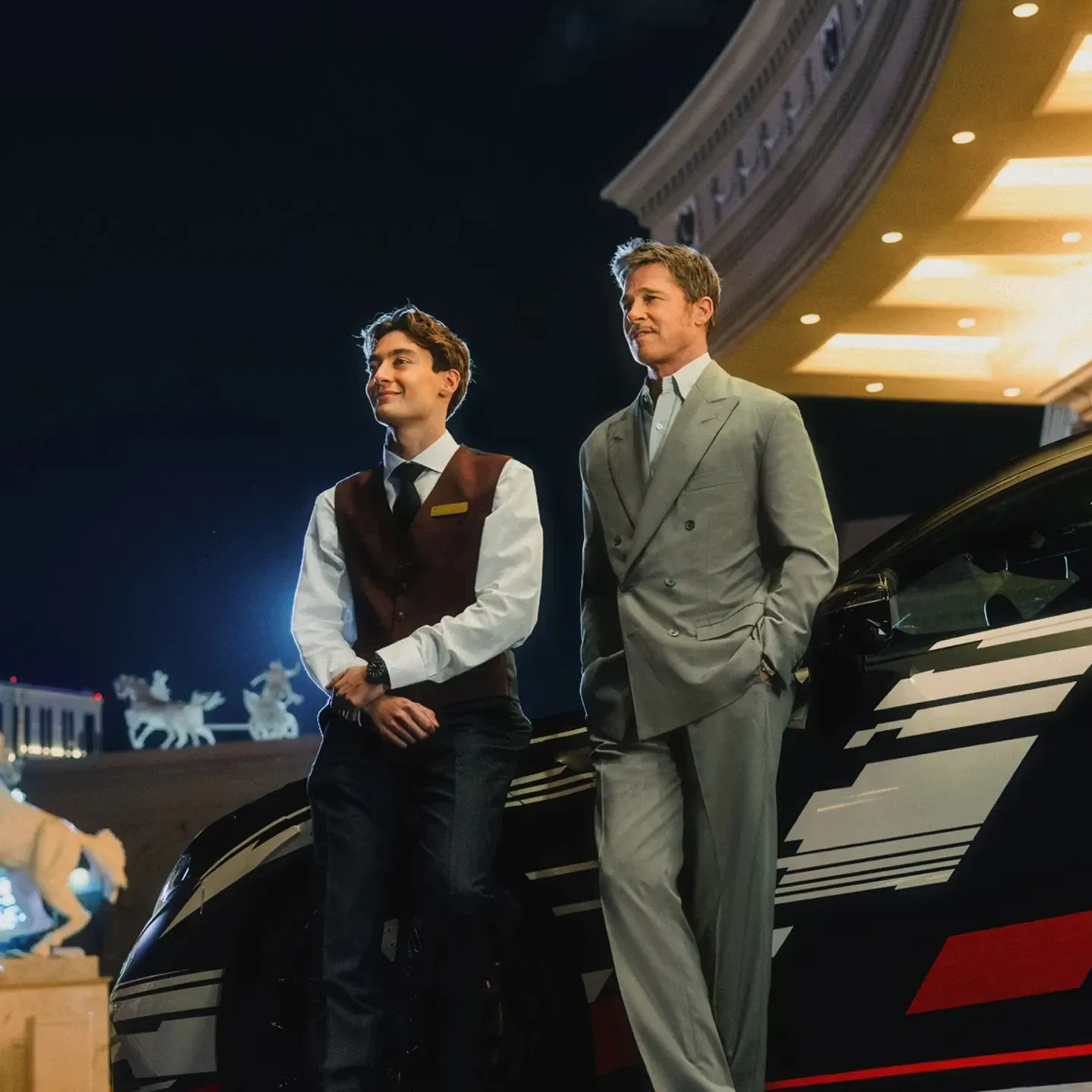 Brad Pitt and George Russle in front of the new Mercedes-AMG GT 4-Door Coupe prototype.