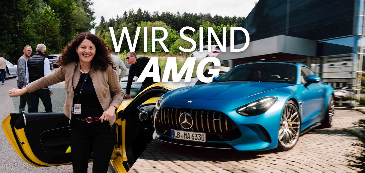 Eine Frau steigt aus einem Auto und auf dem Bild steht "WIR SIND AMG"