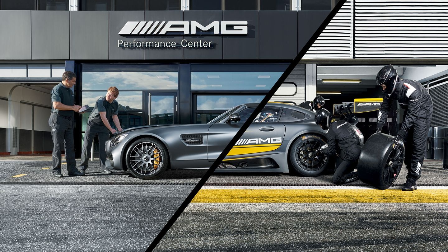 Geteiltes Bild der Außenansicht Bild AMG Performance Center und eines Boxenstops
