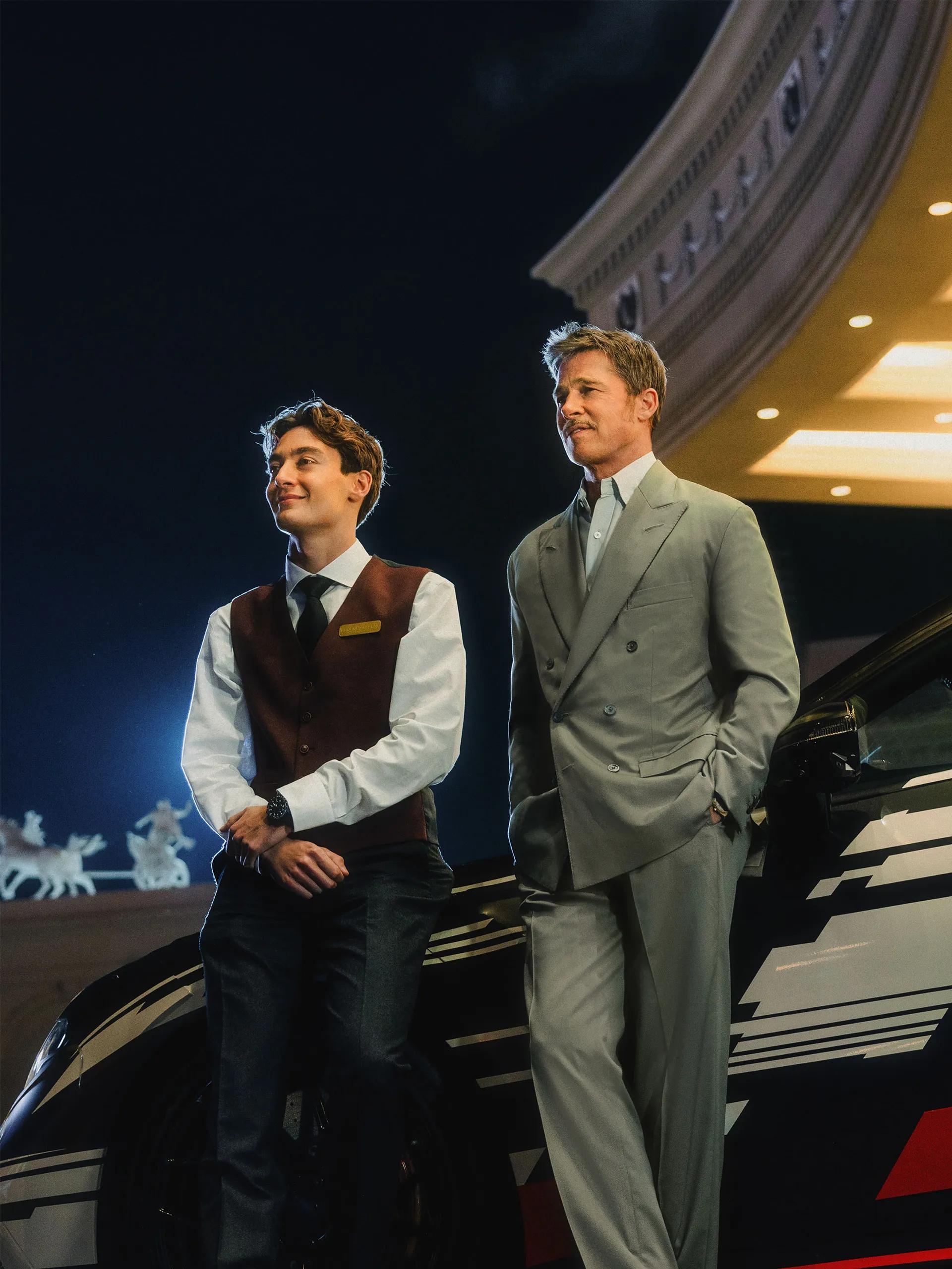 Brad Pitt and George Russle in front of the new Mercedes-AMG GT 4-Door Coupe prototype.