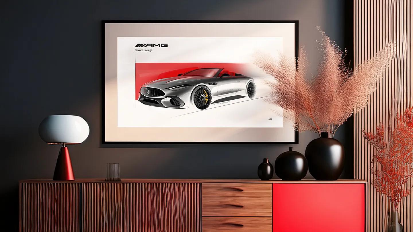 DIe Mercedes-AMG SL Design Skizze in einem modernem Wohnzimmer