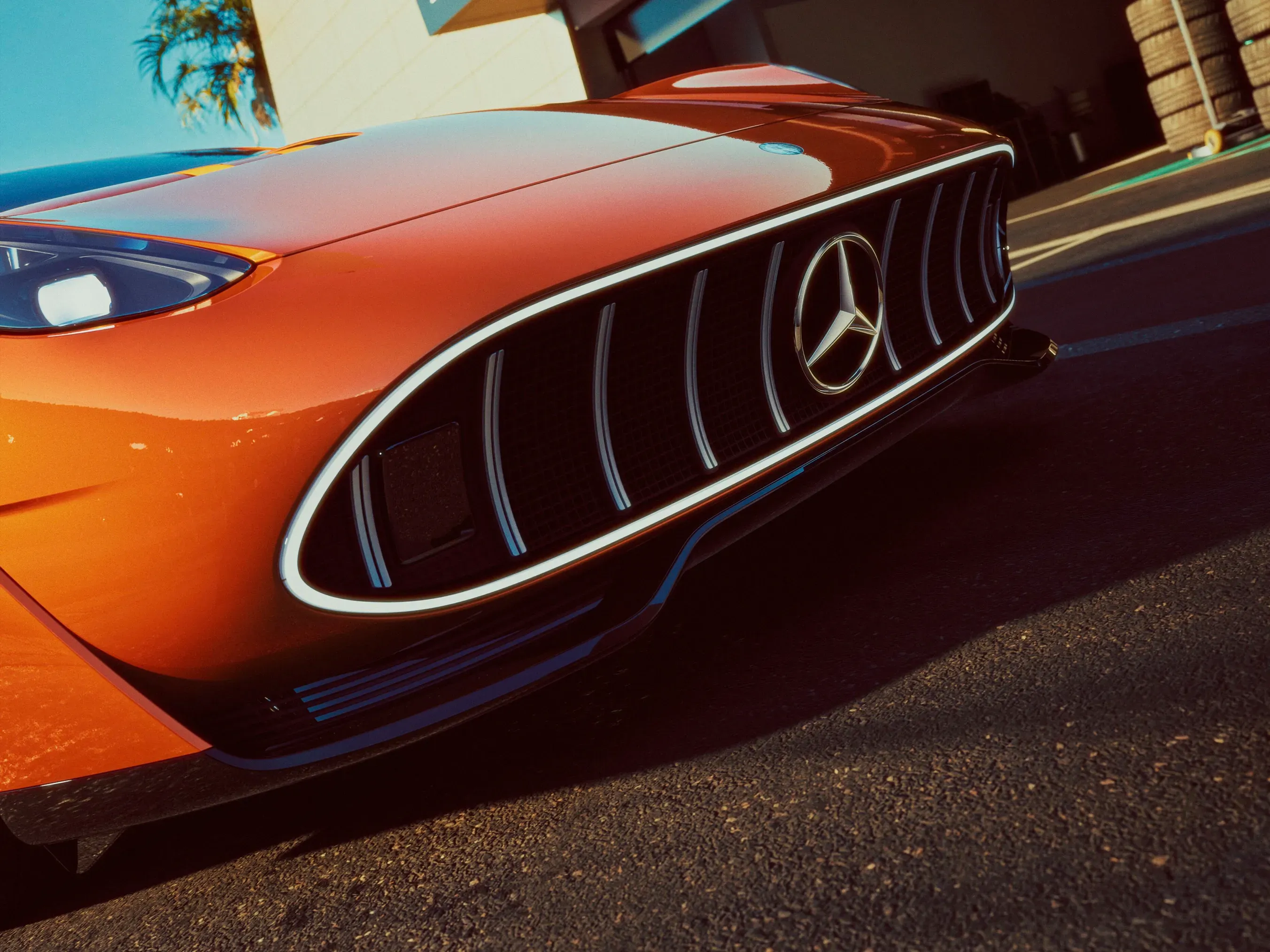 Nahaufnahme des Kühlergrills mit Mercedes-Benz Stern