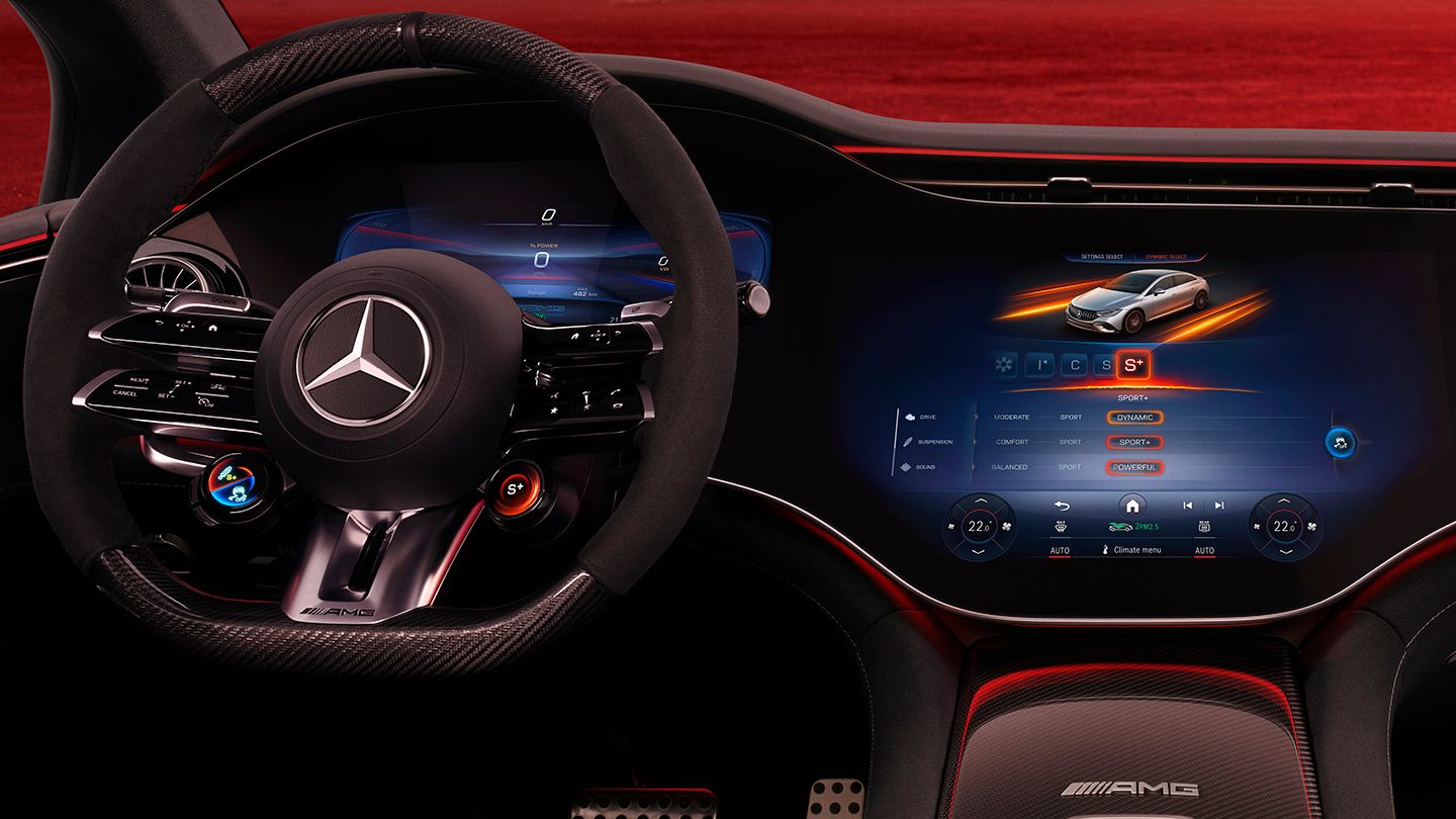 Hyperscreen and performance steering wheel of the Mercedes-AMG EQE 43 4MATIC.