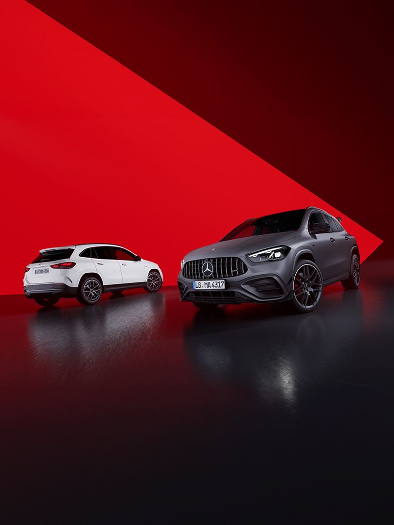 The new Mercedes-AMG GLA SUV 35 and 45 S 4MATIC+ side by side.