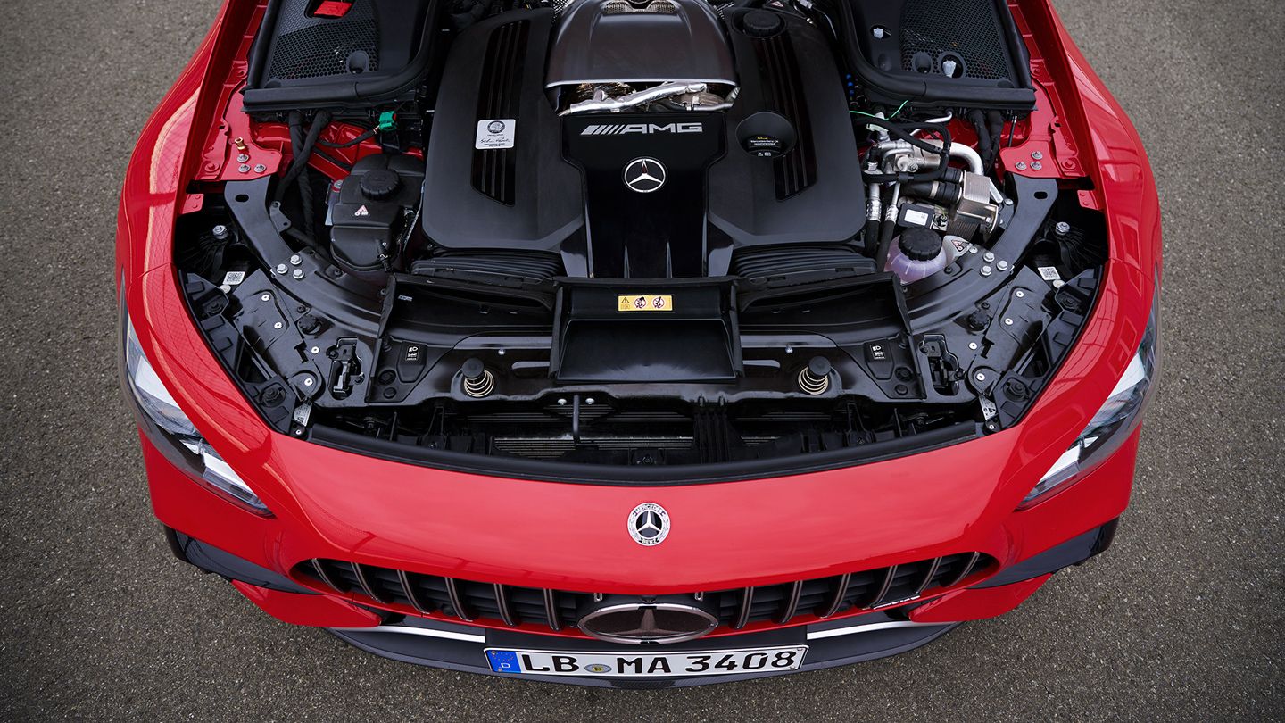 The engine compartment of a Mercedes-AMG GT 63 S E Performance