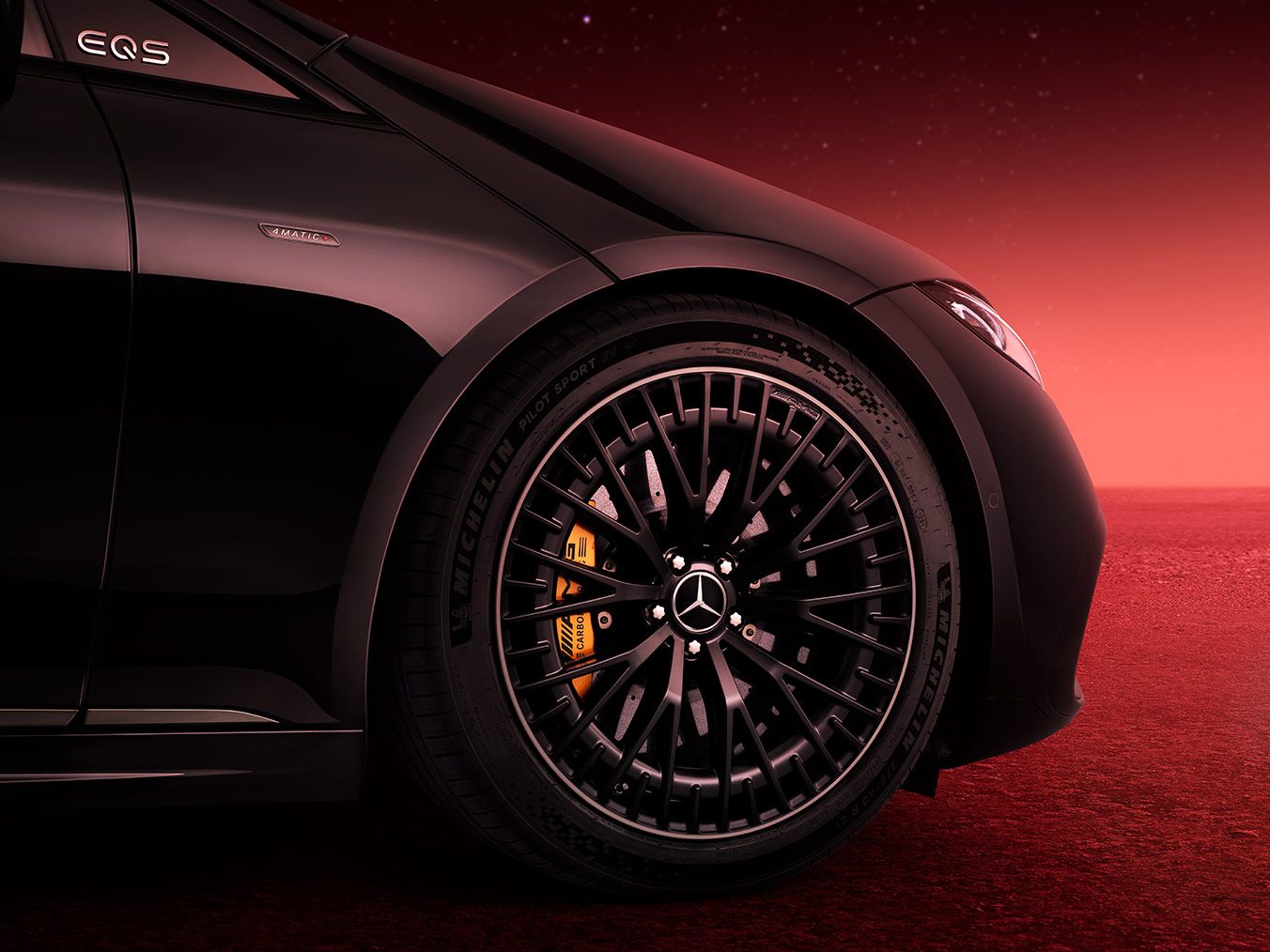 Close up shot of the front wheel and rim of a Mercedes-AMG EQS 53 4MATIC+.