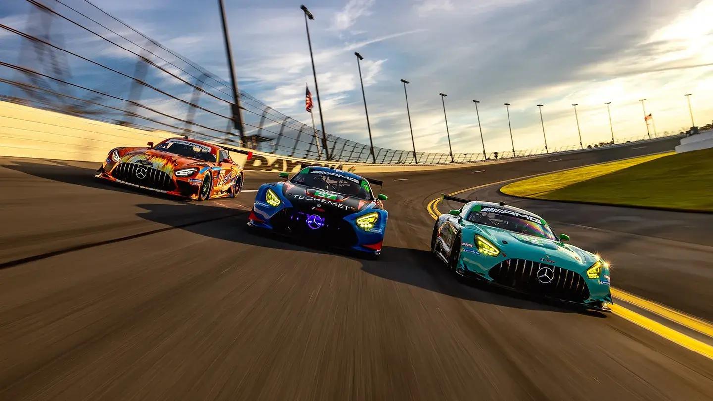 3 Mercedes-AMG GT cornering on the racetrack