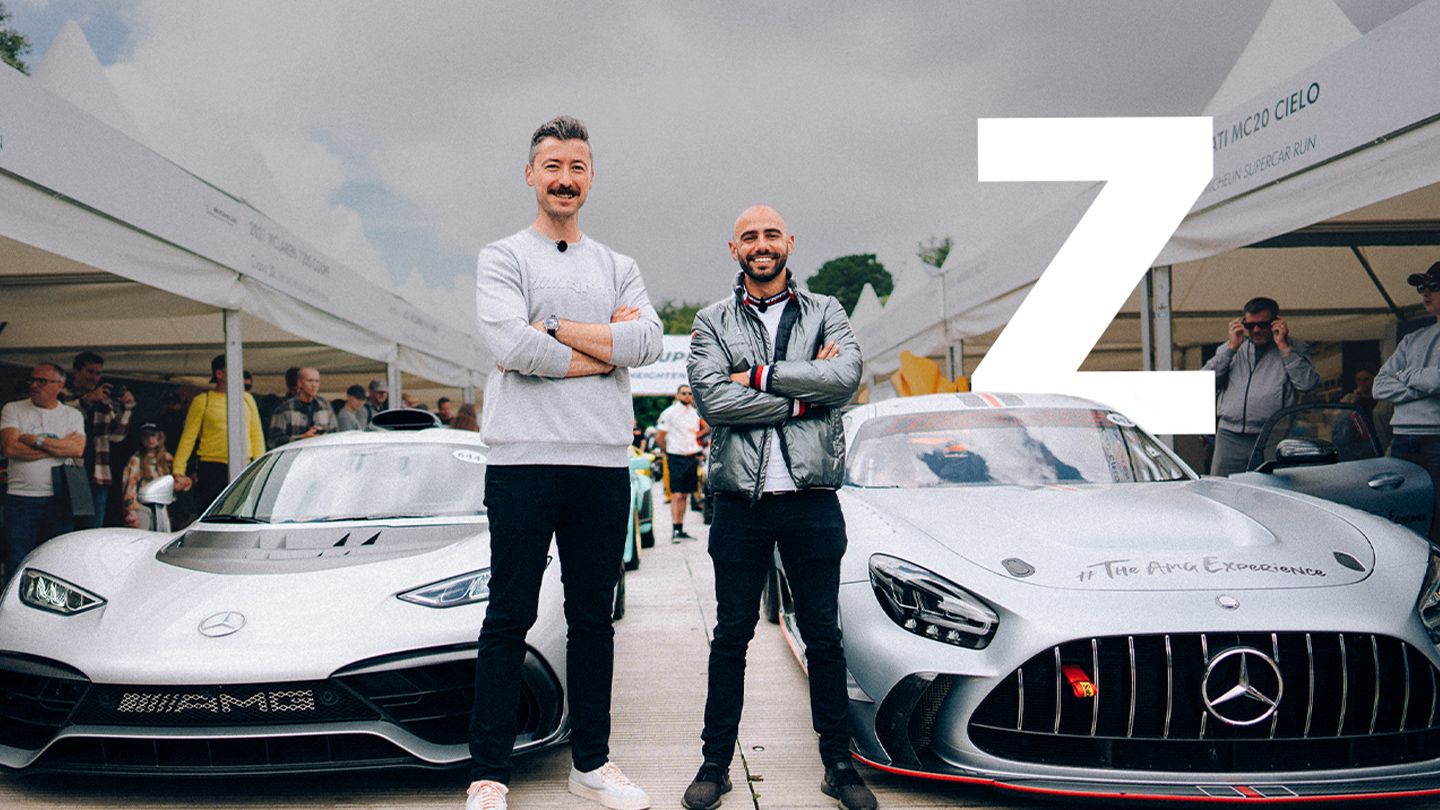 Felix and Adam Christodoulou stand next to a Mercedes-AMG One and a Mercedes-AMG Track Series