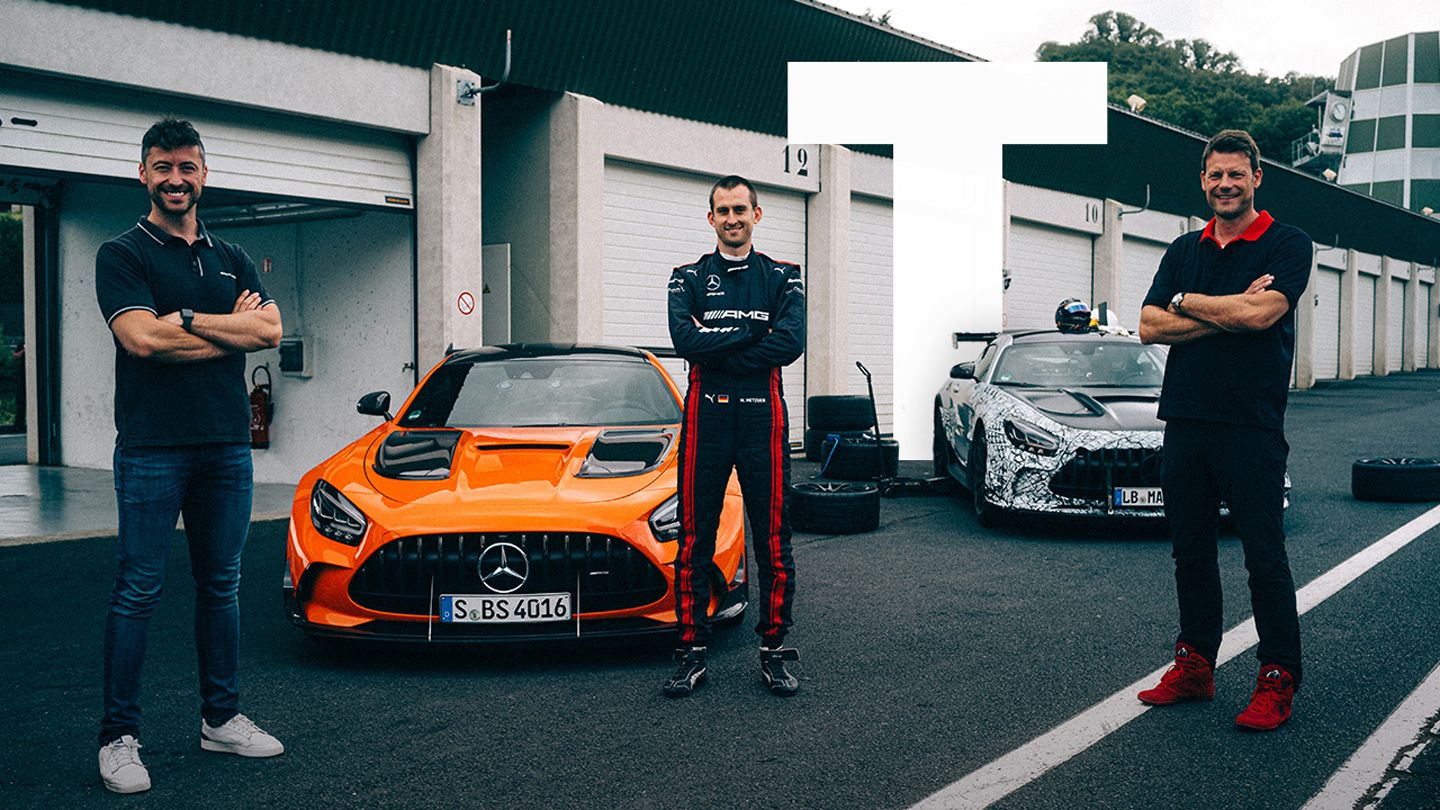 Felix, Dirk and Manuel Metzger in front of two Mercedes-AMG vehicles