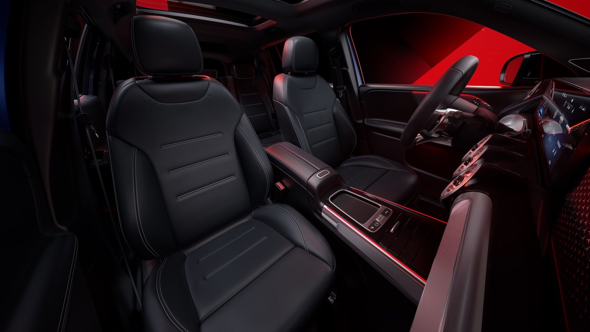 Interior of the driver and passenger side of the Mercedes AMG GLB 35 SUV.