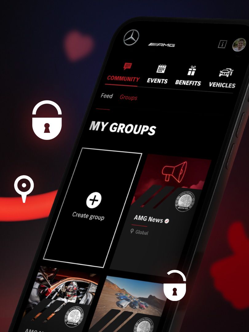 Smartphone displaying the AMG Private Lounge group page