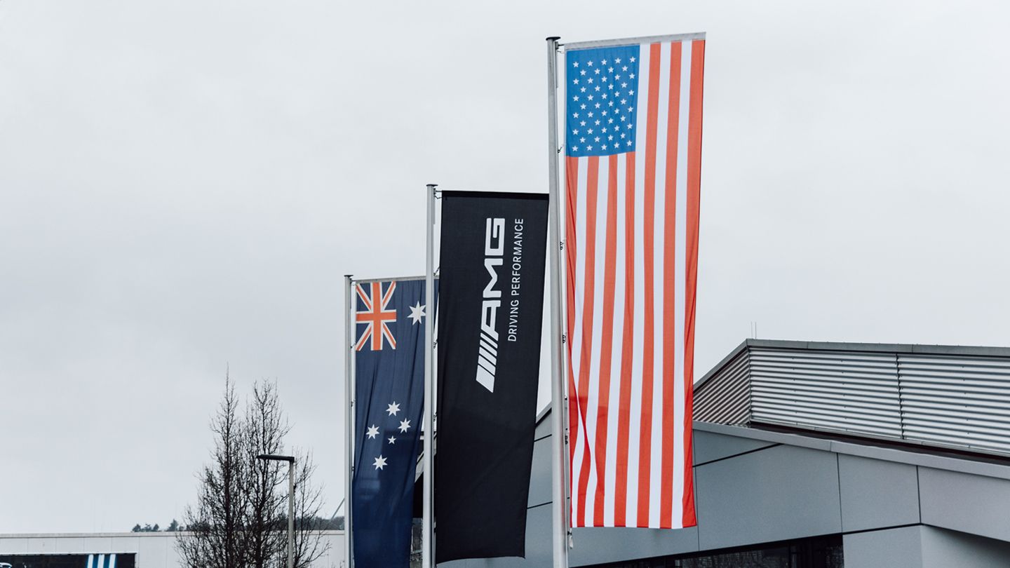 Flags in front of the AMG plant in Affalterbach