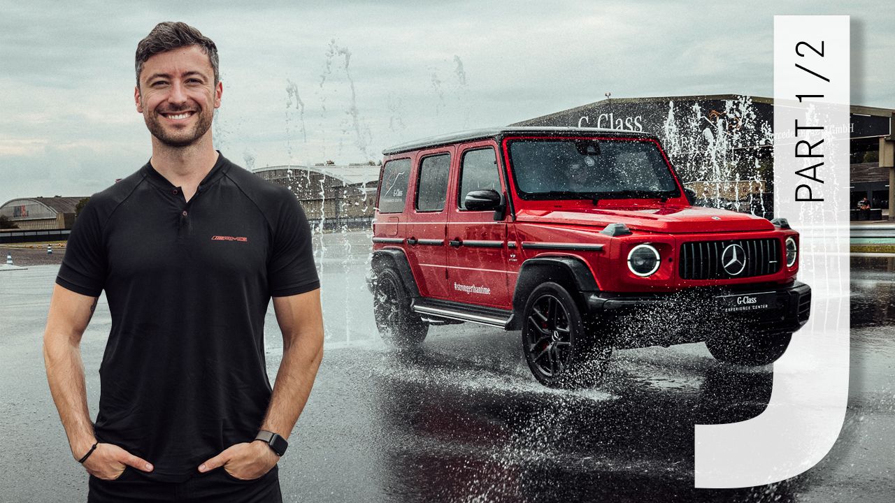 Felix next to a Mercedes-AMG G 63 in the Experience Center Graz