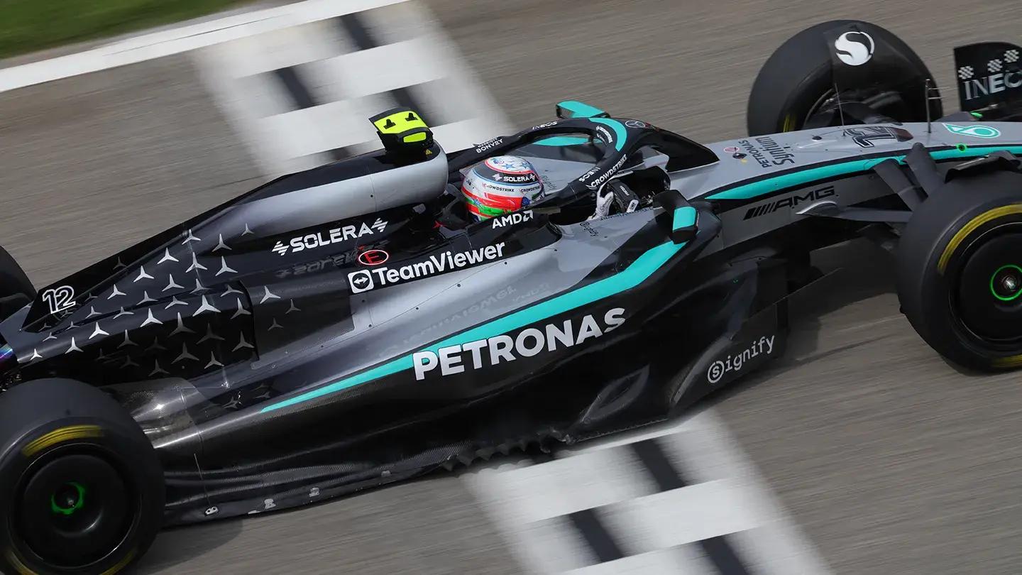 The Mercedes-AMG F1 W16 E PERFORMANCE in the garage.