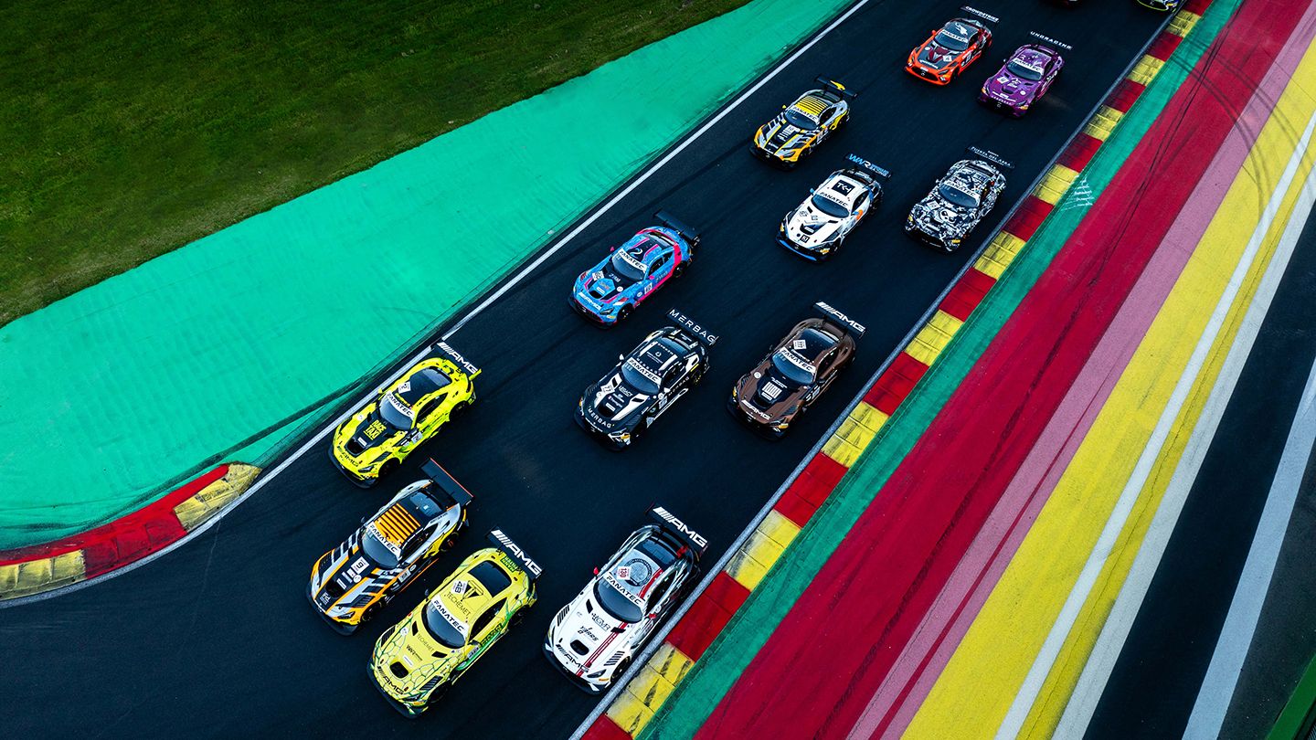 Bird's eye view of several GT racing cars at the CrowdStrike 24 Hours of Spa