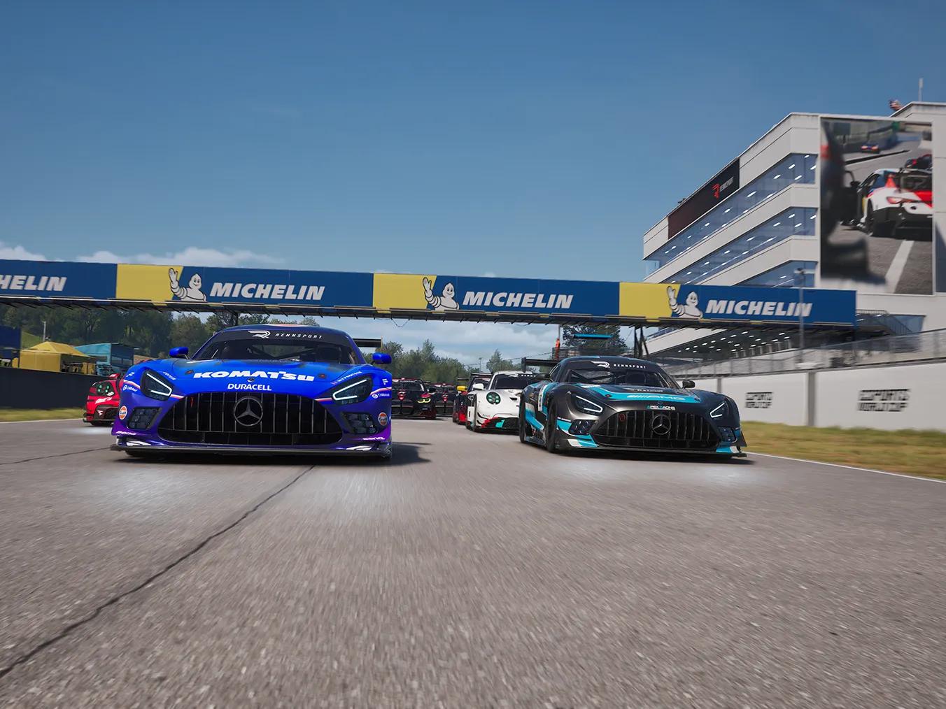 Mercedes-AMG Esports Team Apex Racing Team and Mercedes-AMG Esports Team Williams Esports racing in ESL R1 Spring season 2024 at Road Atlanta