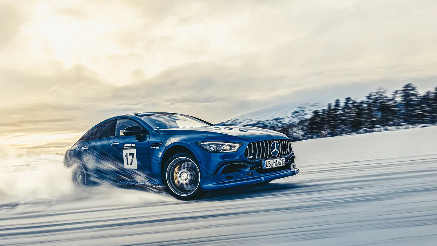 A Mercedes-AMG GT Coupé in a mountain scenery