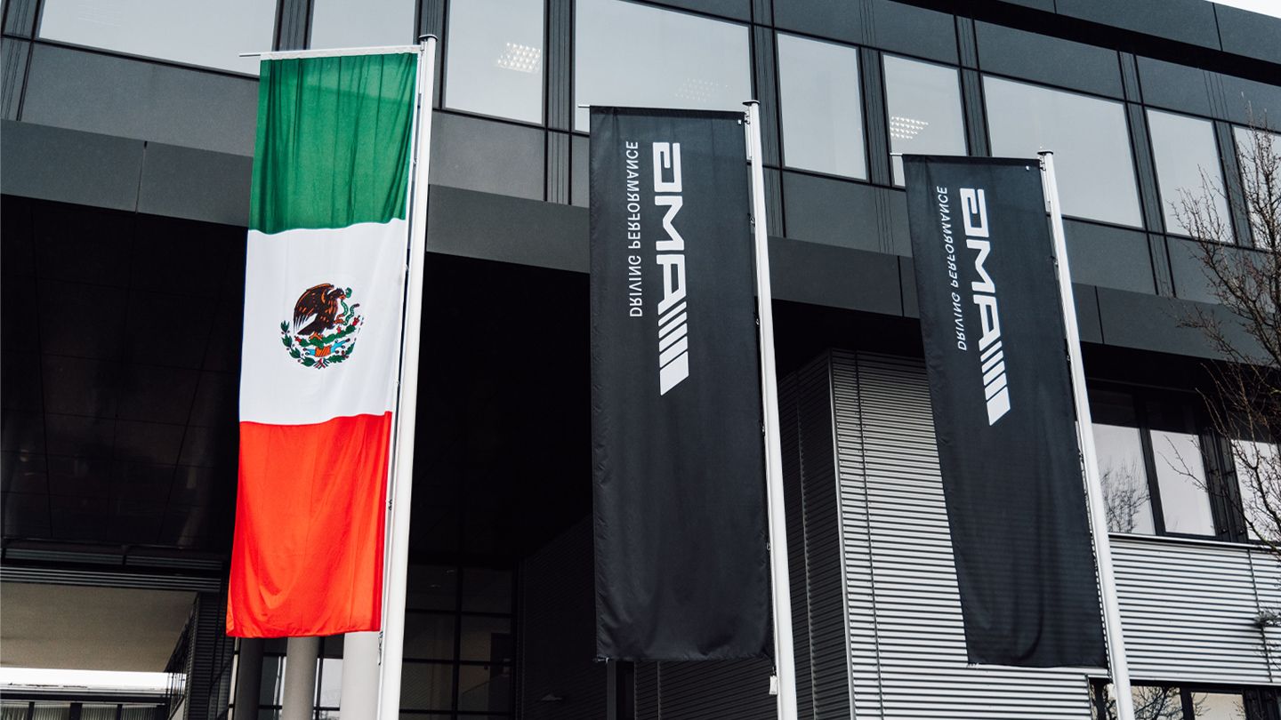 Flags in front of the AMG plant in Affalterbach