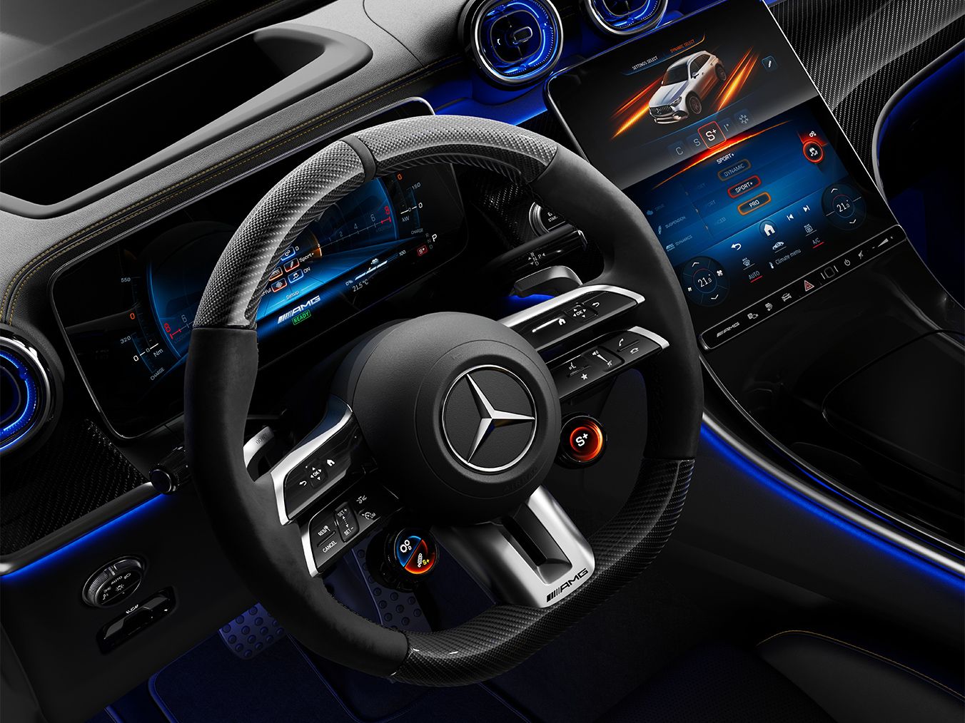 AMG Performance steering wheel of the Mercedes-AMG GLC 63 S E PERFORMANCE.