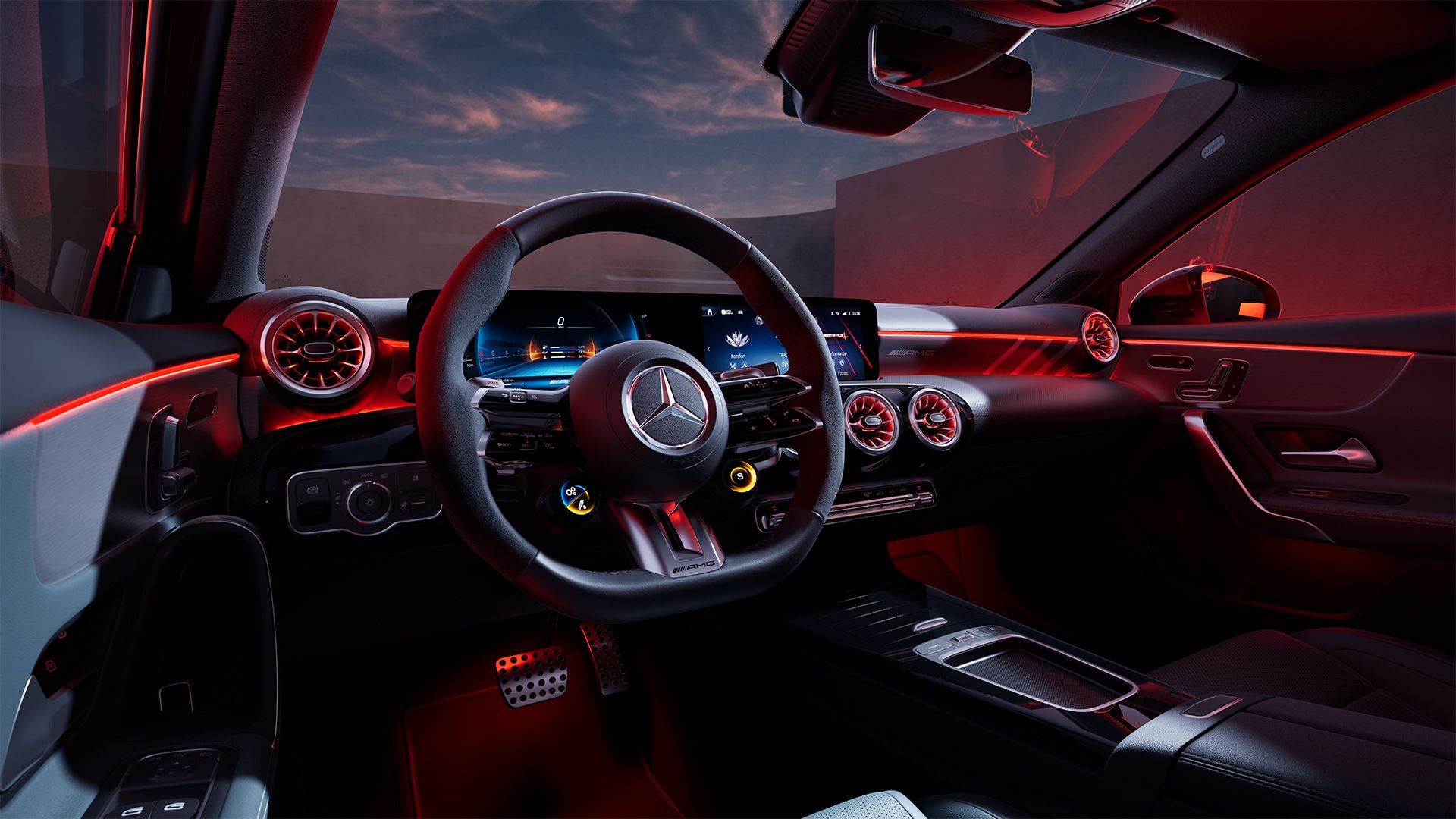 Performance steering wheel of a Mercedes-AMG A 35 Sedan